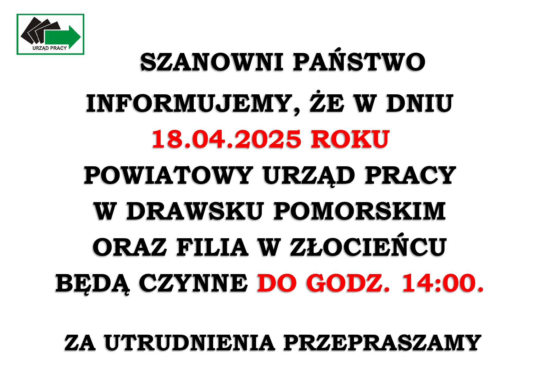 Zdjęcie artykułu Skrócony czas pracy Urzędu dnia 18.04.2025 r.